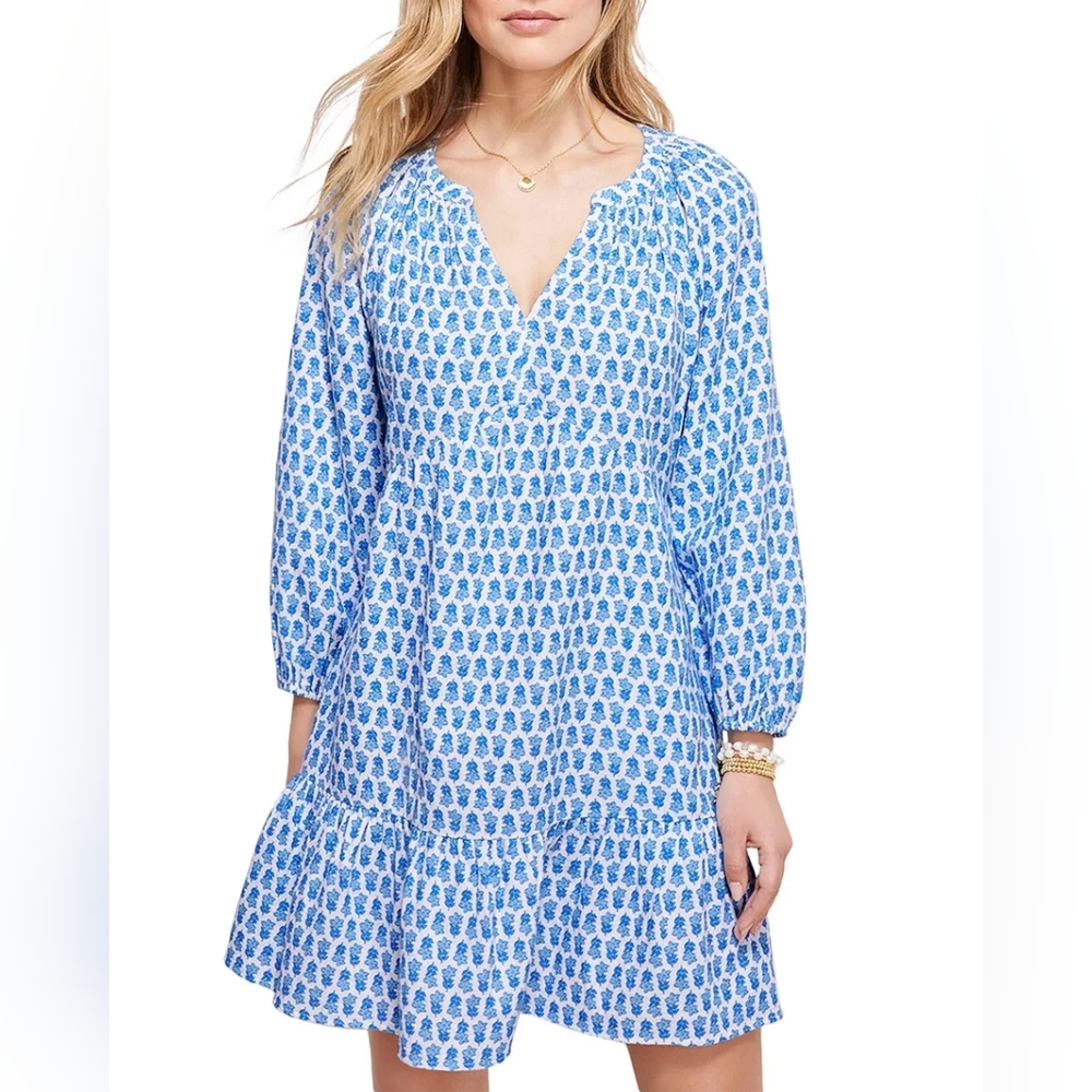 Vineyard Vines Seastitch Block Print Tiered Cotton Mini Dress Blue Coastal XS - Picture 2 of 14